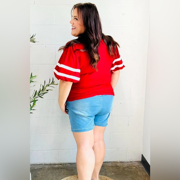 Stand Out Red "TOUCHDOWN" Sequin Bubble Sleeve Game Day Top - Picture 10 of 10